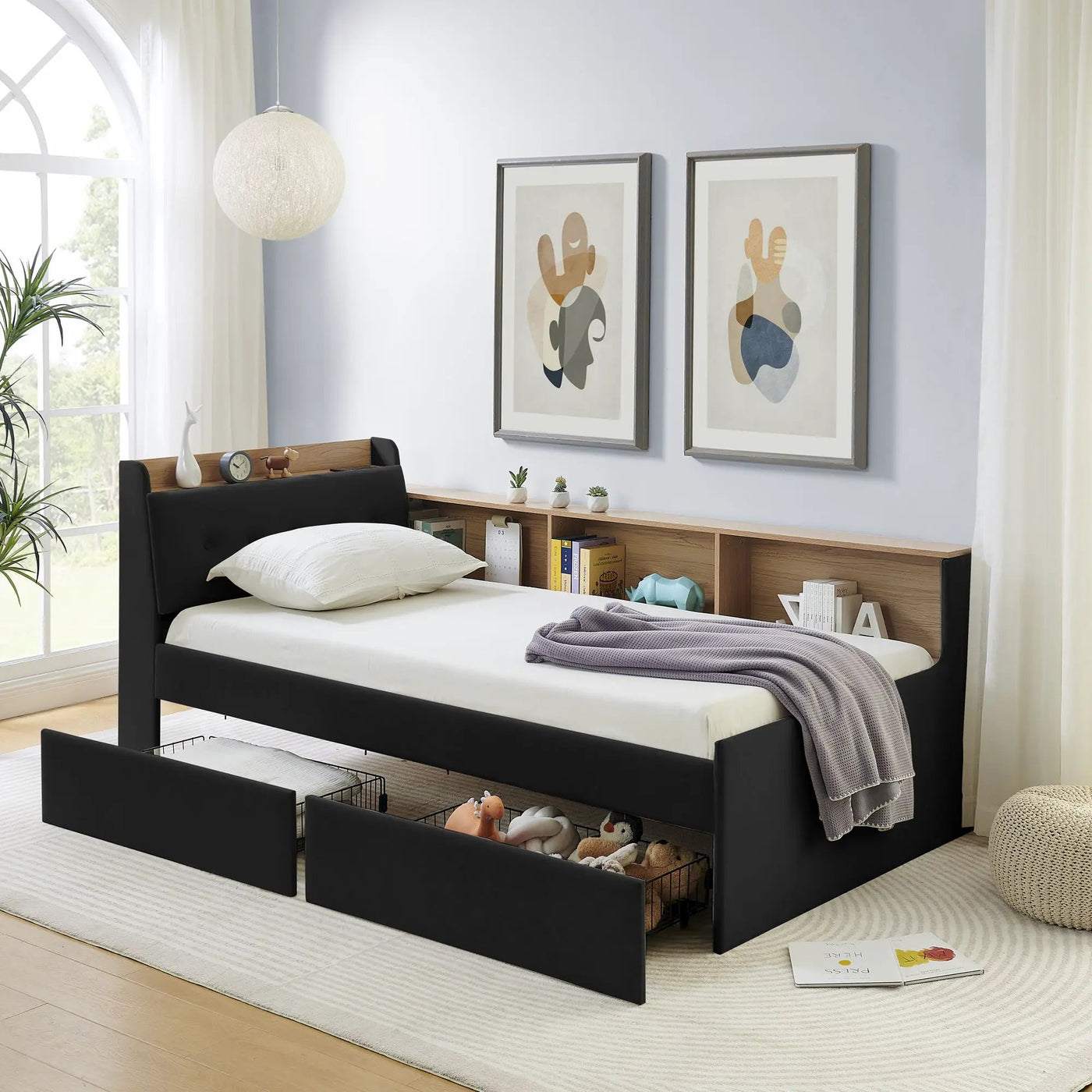 Upholstered Daybed With Storage Headboard, Wireless Charging, LED Lights by HouseOfZazla