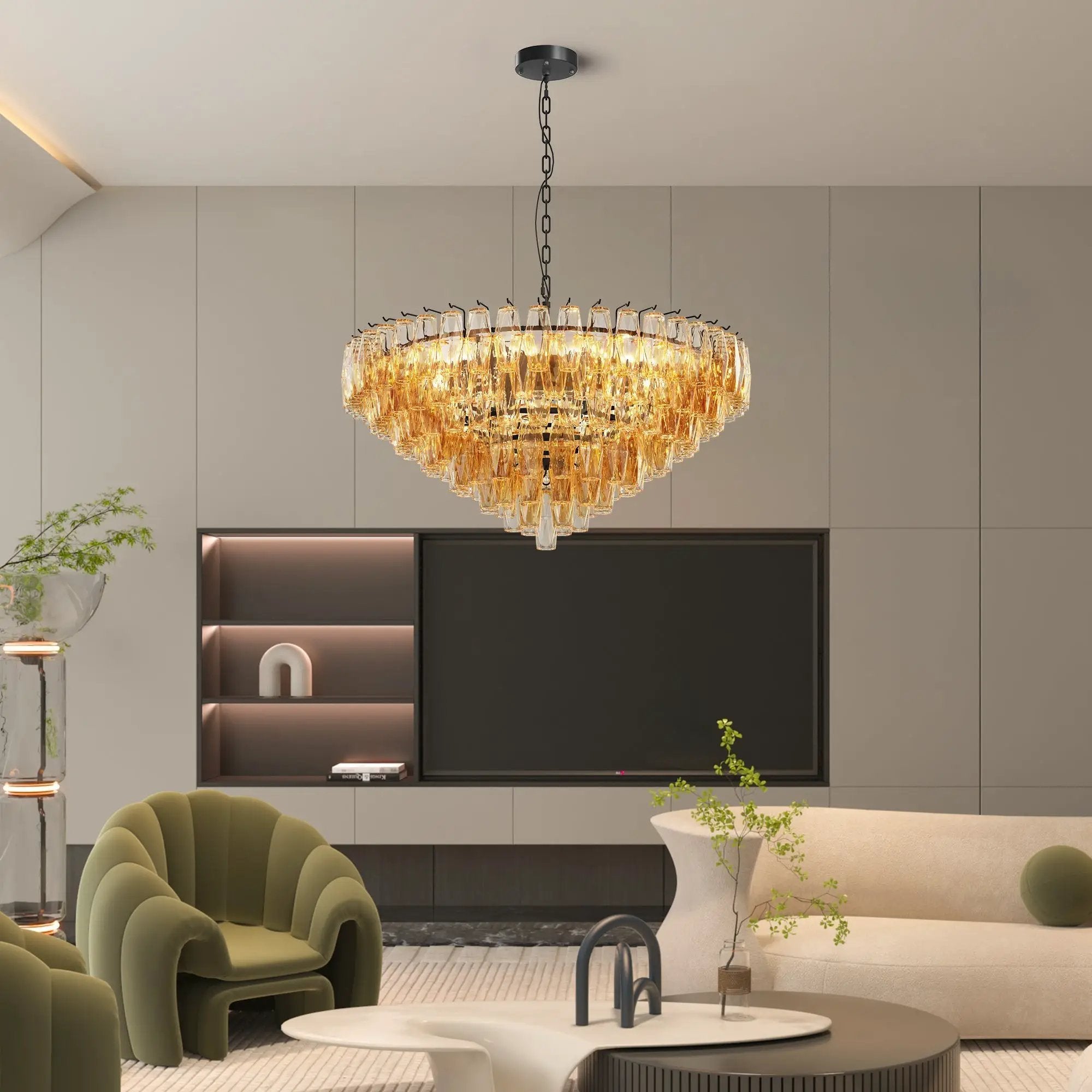 Modern Round 14-Light Black Chandelier with Smoke Glass Tubes by HouseOfZazla