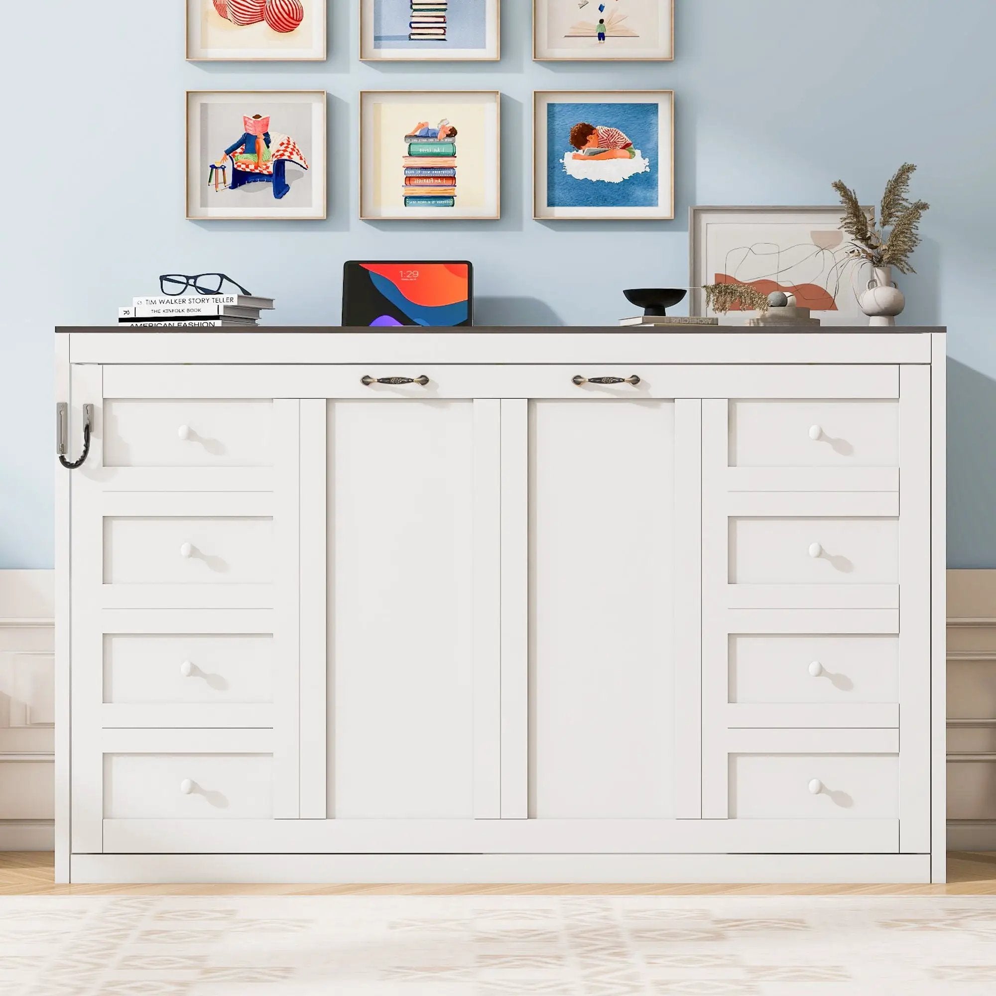 Murphy Bed With LED Light, Foldable Wall Bed Cabinet
