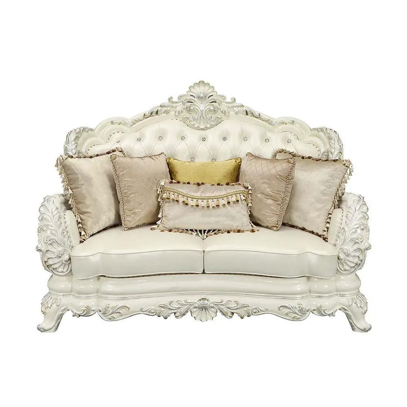 Adara - Loveseat With 5 Pillows - Pearl White Synthetic Leather & Antique White by Unique Piece Furniture