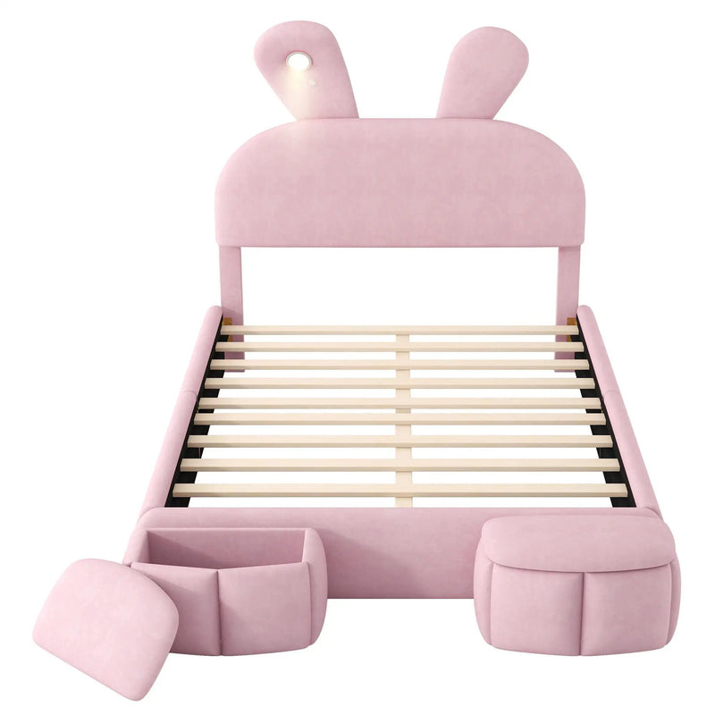 Full Upholstered Platform Bed With Cartoon Ears Headboard And LED Light - Pink by HouseOfZazla
