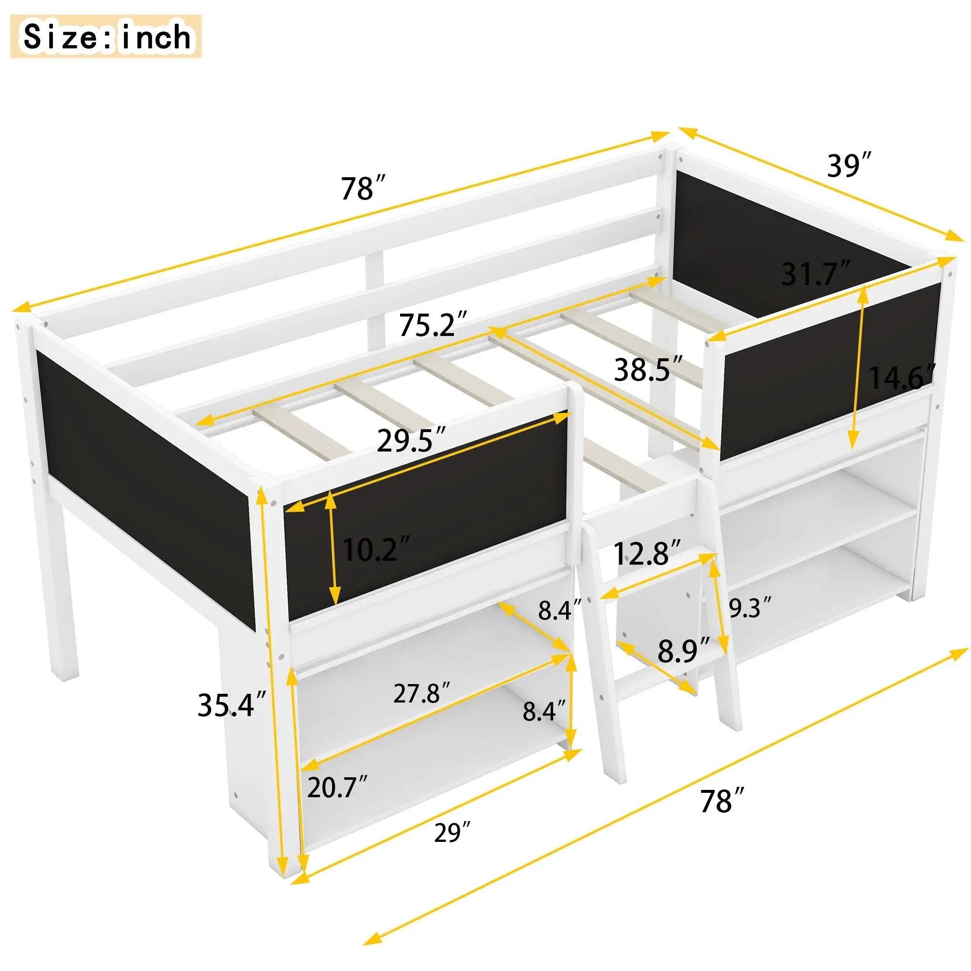 Low Loft Bed With Movable Shelves And Ladder, Decorative Chalkboard Guardrail by Unique Piece Furniture