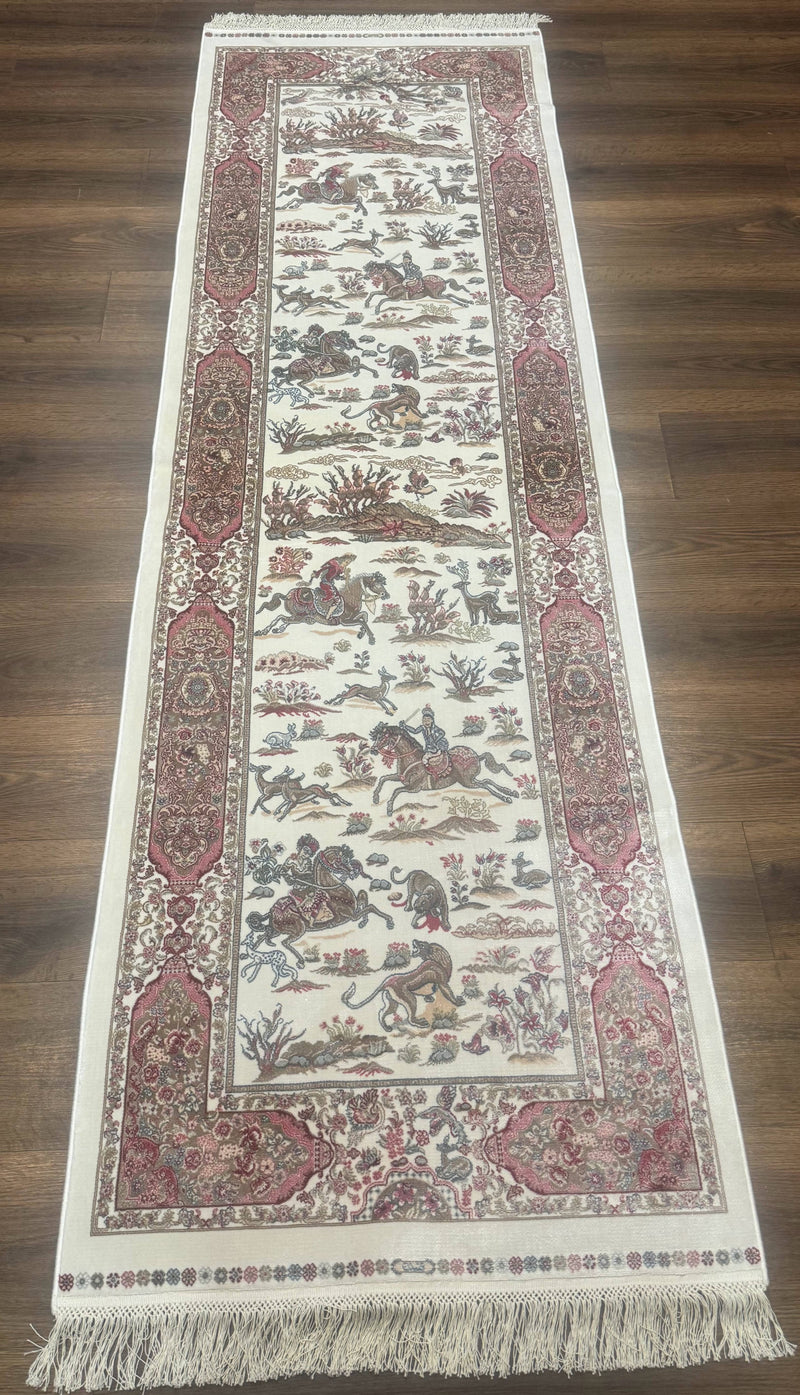 Turkish Silk Runner Rug 2.6 x 8, Hunting Design, Ivory, Bamboo Silk, New by Jewel Rugs