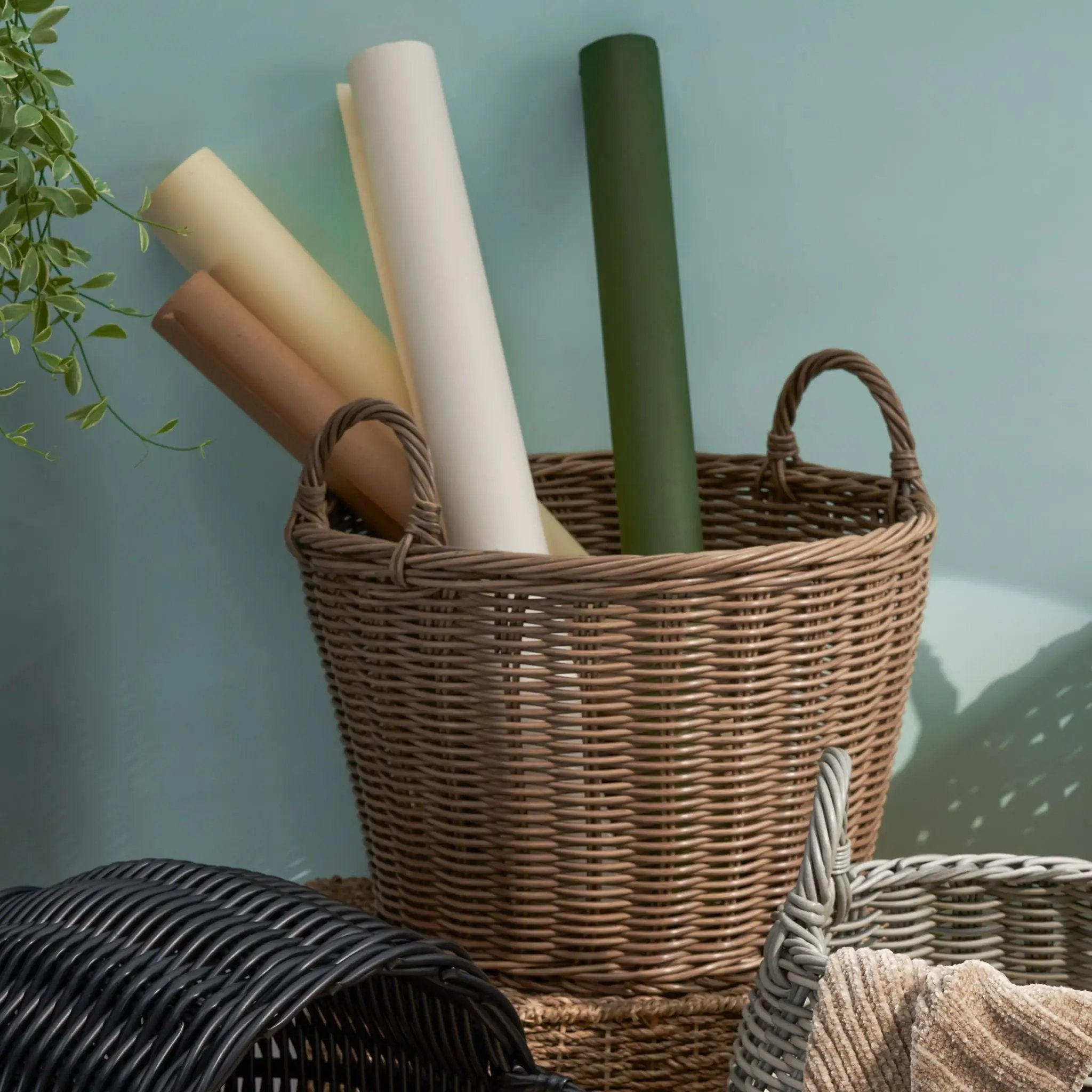 Round Cone Woven Resin Wicker Basket With Handles For Versatile Storage - Walnut Brown by Unique Piece Furniture