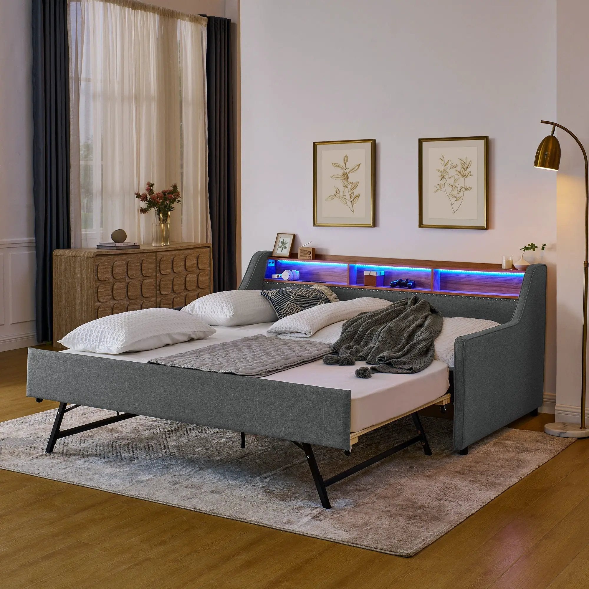 Upholstered Sofa Bed With LED Lights, Storage Headboard, Foldable Trundle & Wireless Charging by Unique Piece Furniture