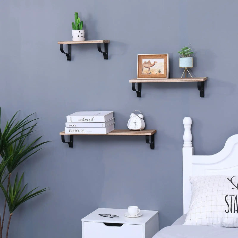 Floating Shelves, Long Wall Shelves (Set of 3), Wall Mounted Shelves & Brackets For Bedroom - Natural Wood by Unique Piece Furniture