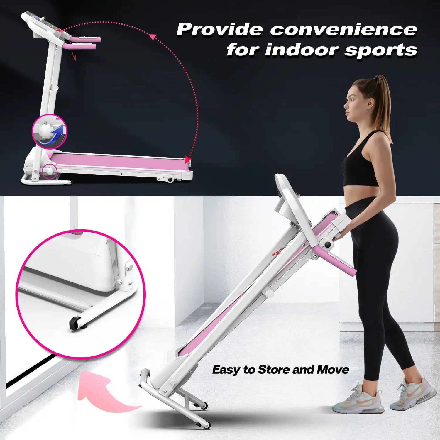 Foldable Treadmill 2.5Hp Electric Folding Treadmill Running Walking Machine For Home Gym, Max 265 Lbs Weight Capacity - Pink / White by HouseOfZazla