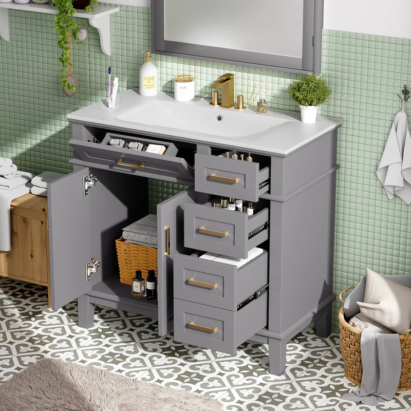 36" Gray Modern Bathroom Vanity with Ceramic Sink by HouseOfZazla