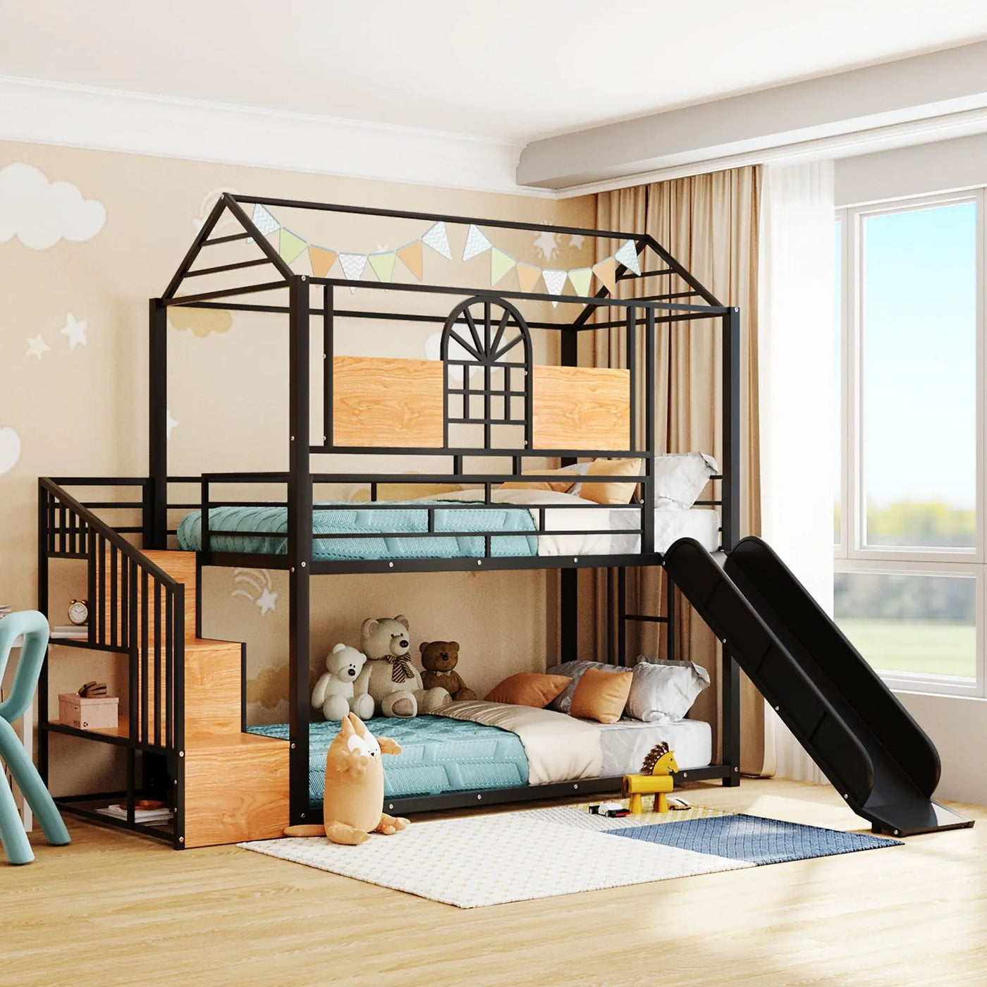 Metal Bunk Bed, Metal Housebed With Slide And Storage Stair by HouseOfZazla