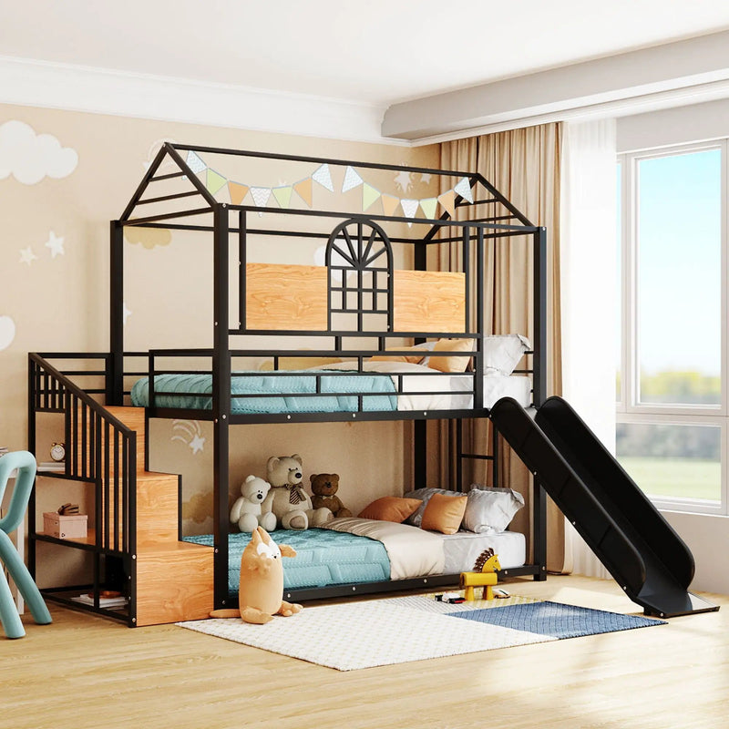 Metal Bunk Bed, Metal Housebed With Slide And Storage Stair by HouseOfZazla