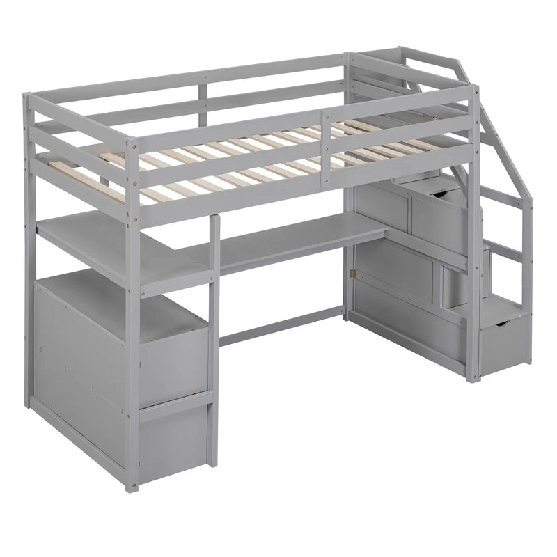 Loft Bed With Desk, Shelves, 2 Drawers, Storage Staircase by HouseOfZazla