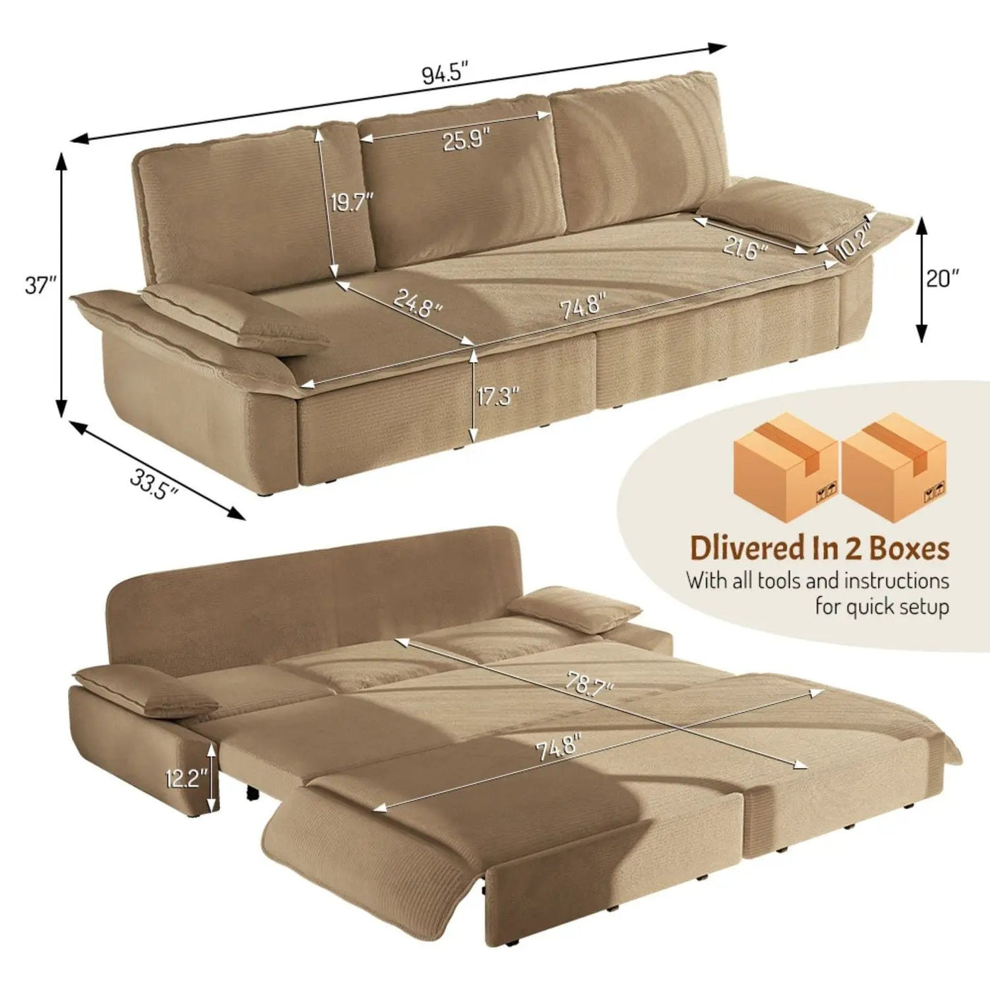 King Size Pull Out Sofa Bed, 3 In 1 Convertible Multifunctional by HouseOfZazla