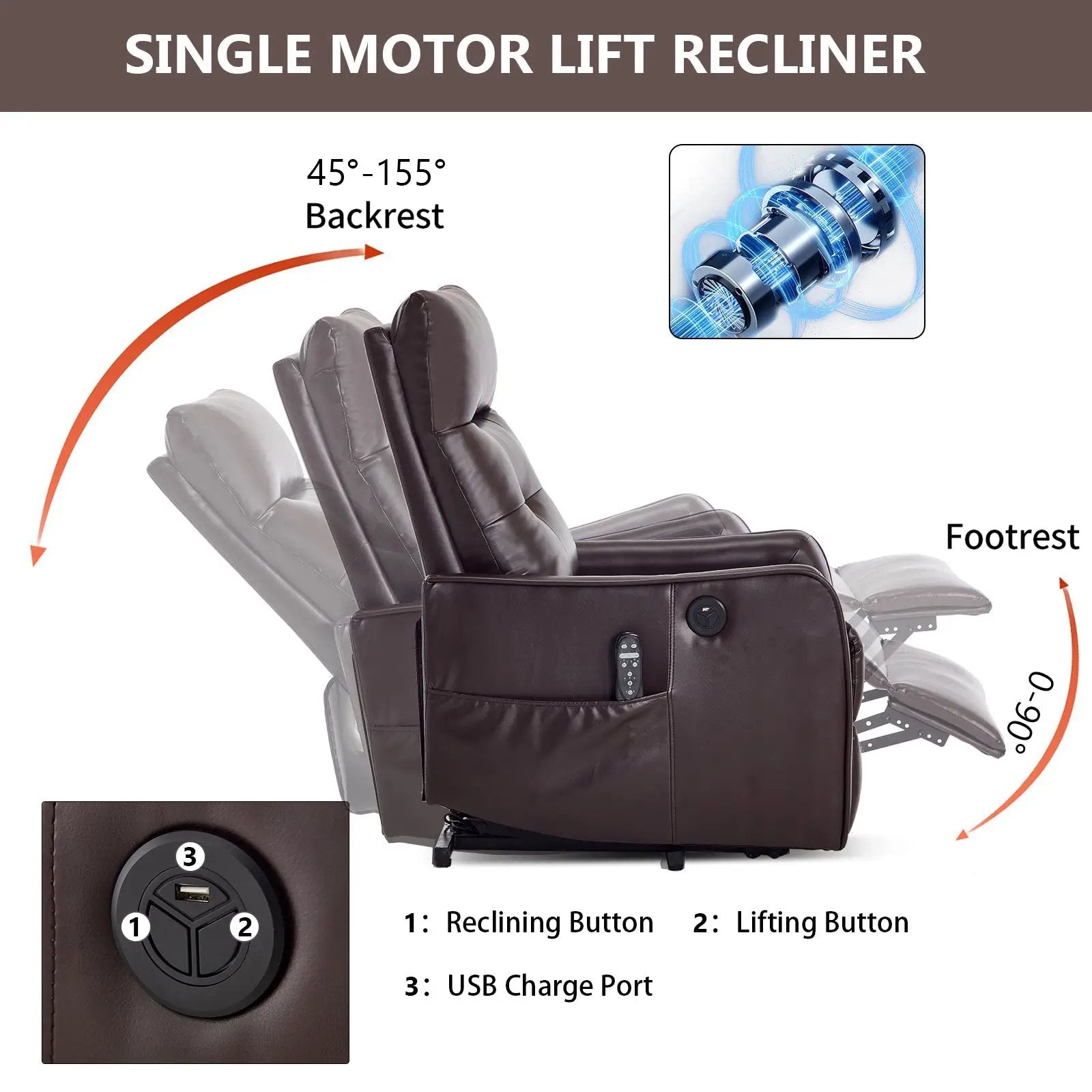 Brown PU Single Motor Power Lift Recliner Chair with Massage & Heat by HouseOfZazla