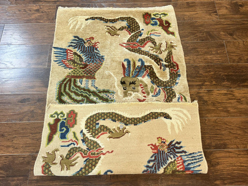 Antique Chinese Peking Rug 3 x 5.6, Dragon Motifs, Handmade Wool Asian Oriental Carpet by Jewel Rugs