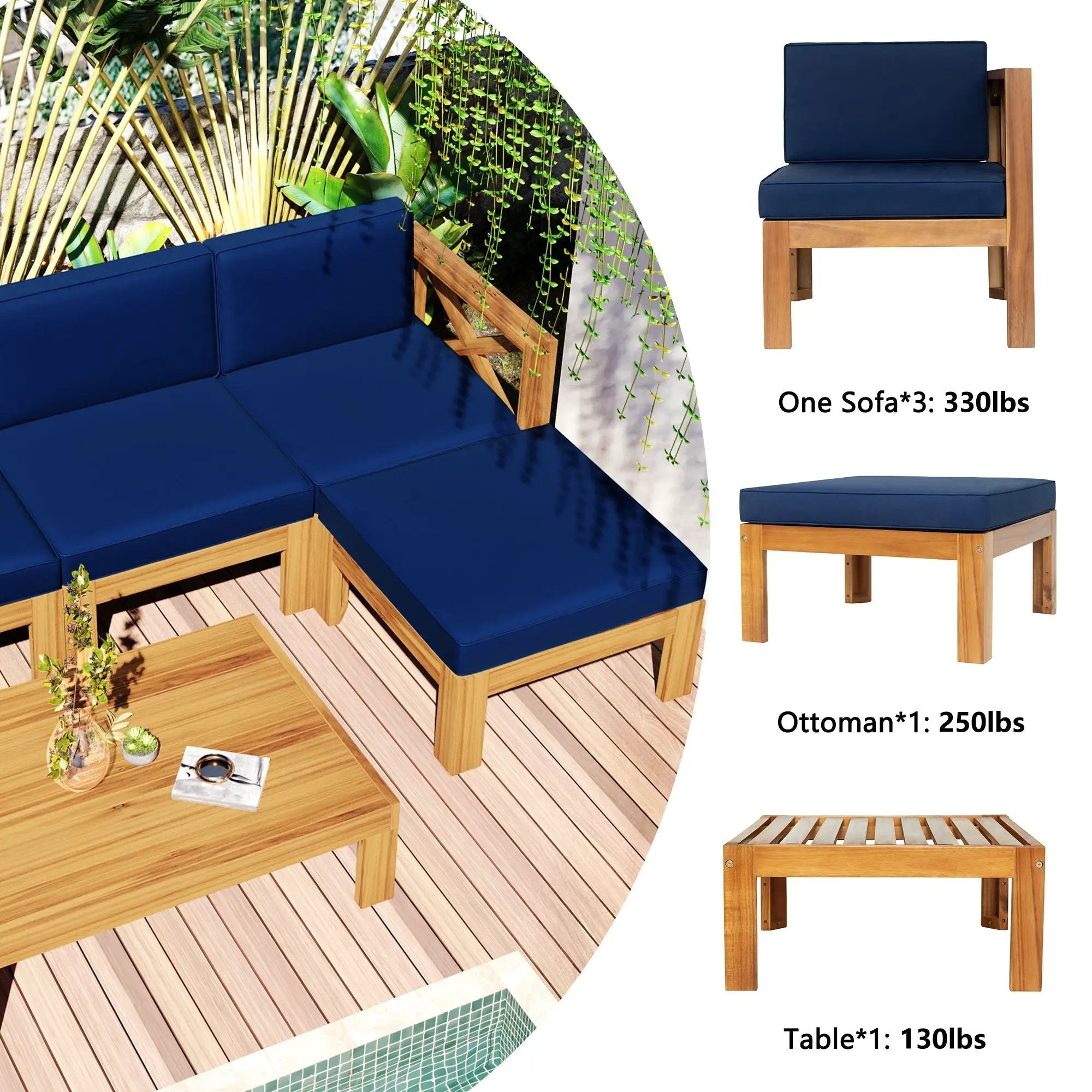 TOPMAX Outdoor 5-Piece Wood Sectional Patio Sofa Set with Blue Cushions by HouseOfZazla
