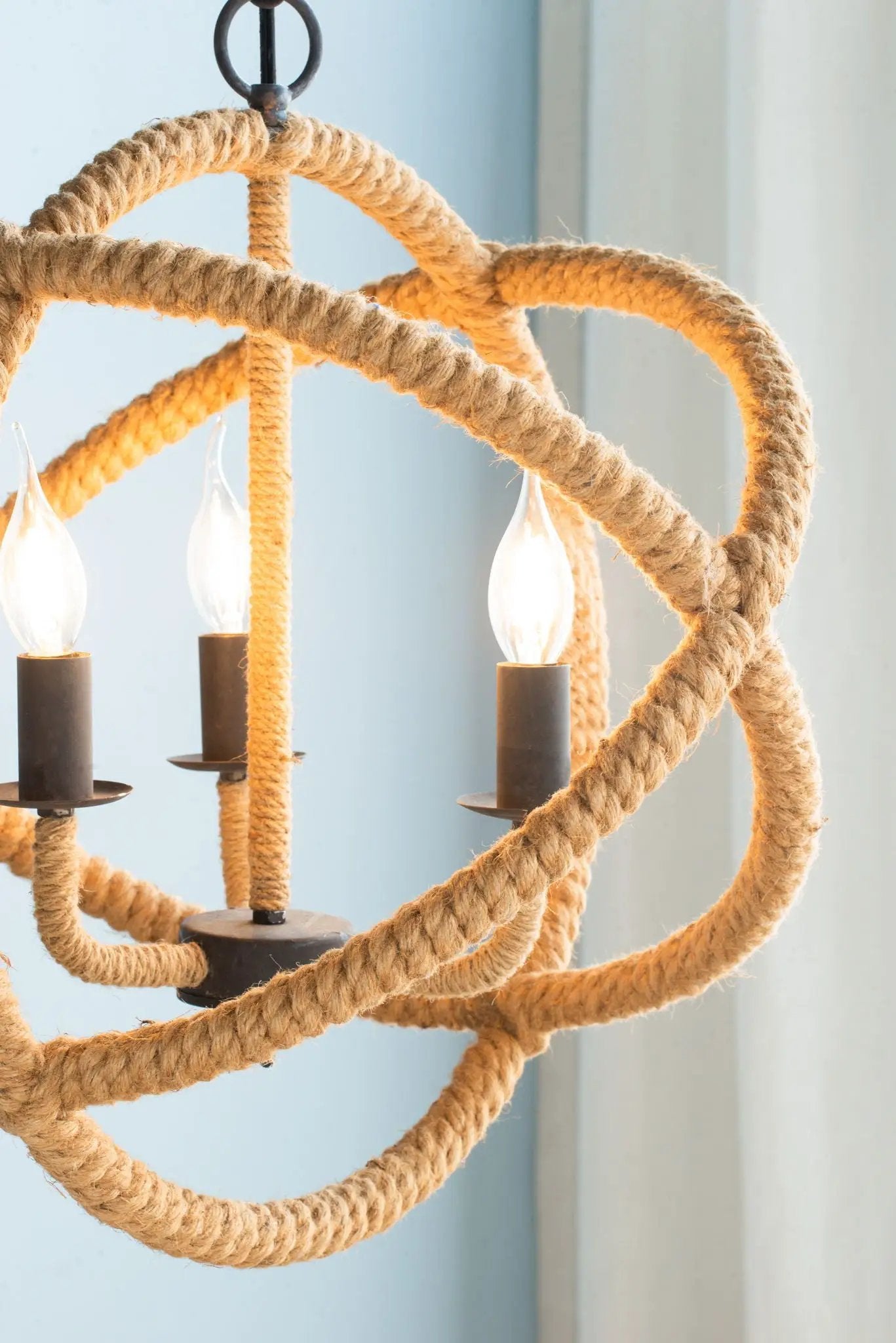 3 Light Farmhouse Chandelier, Rope Chandelier Globe Hanging Light Fixture With With Adjustable Chain For Kitchen, Bulb Not Included - Beige Brown by Unique Piece Furniture