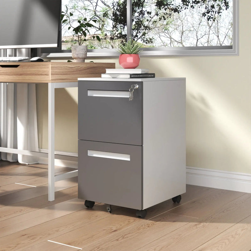 2-Drawer Mobile File Cabinet With Lock,On 360° Wheels, Holds A4/Letter/Legal Files - White by HouseOfZazla