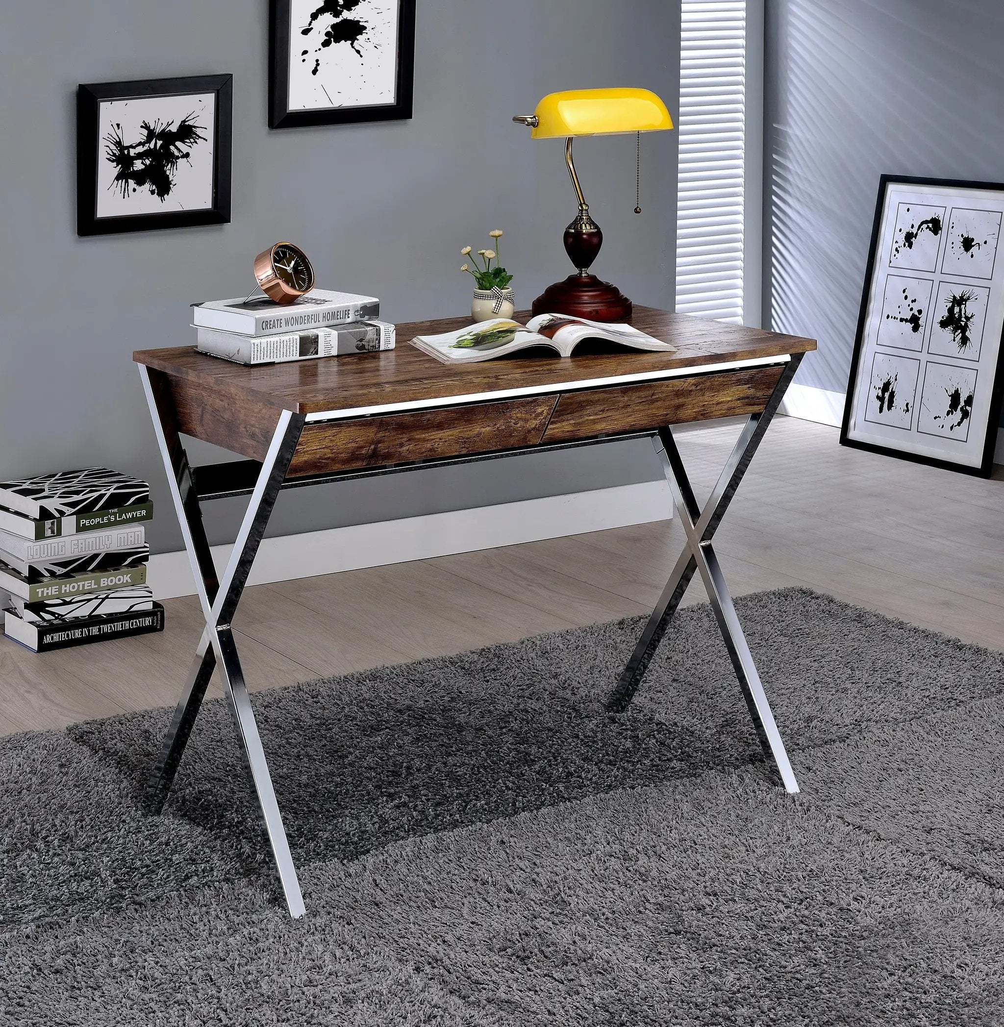 Callers - Weathered Writing Desk - Chrome / Oak by Unique Piece Furniture
