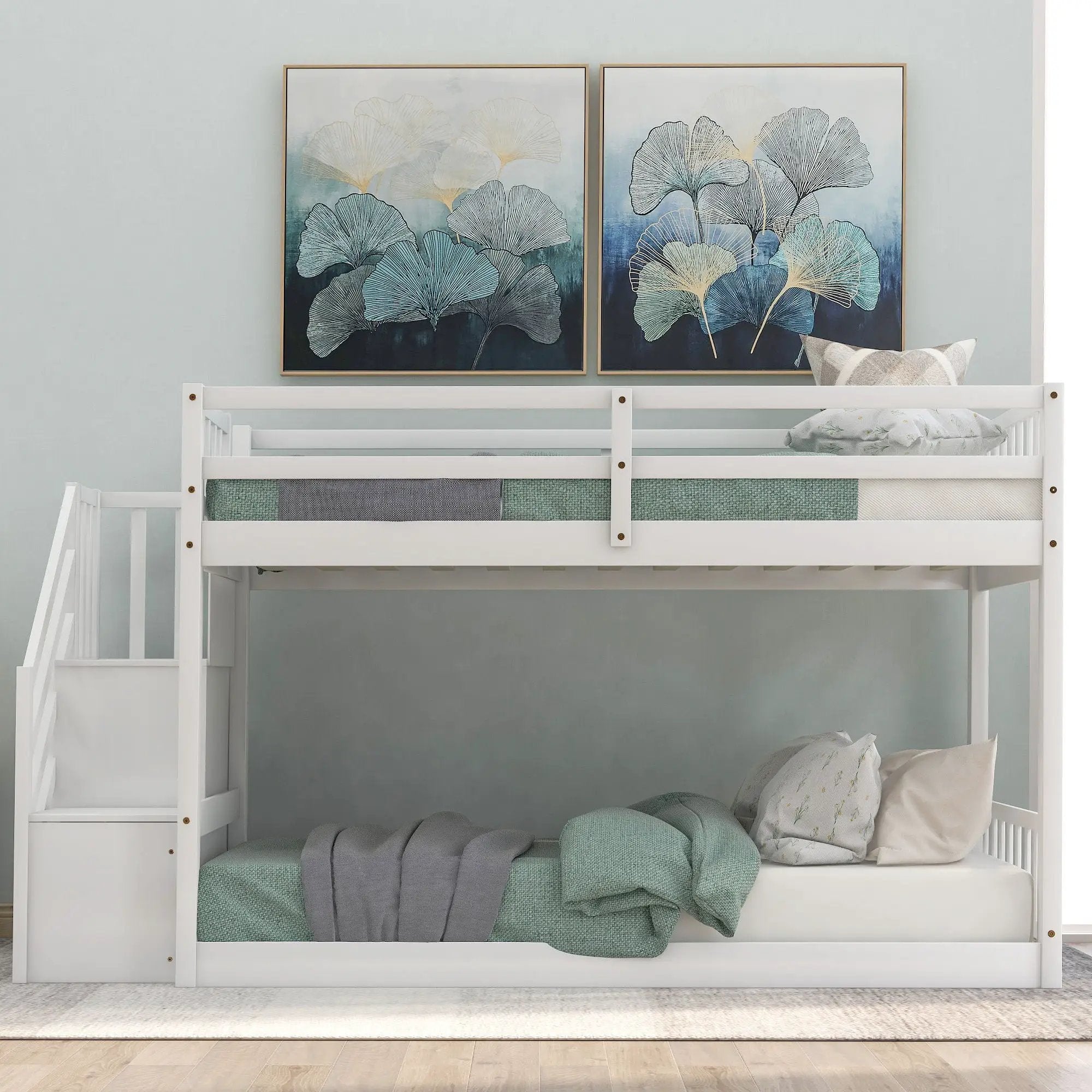 Norset - Twin Over Twin Floor Bunk Bed, Ladder With Storage by Unique Piece Furniture