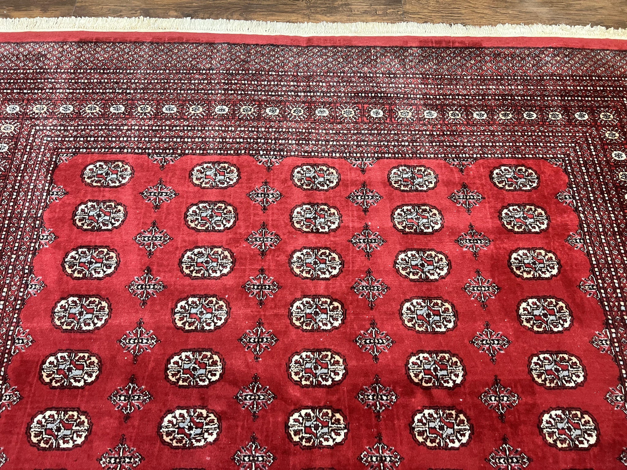 Turkoman Rug 8 x 11.6, Red Bokhara Pakistani Carpet, Wool Handmade Vintage Rug by Jewel Rugs