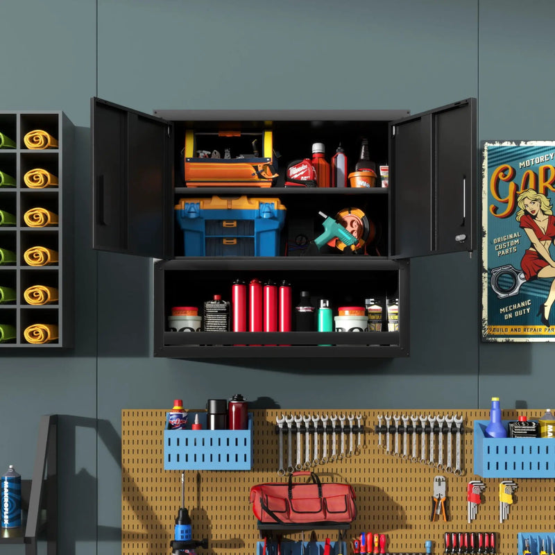Wall-Mounted Storage Cabinet With Locking Door, 1 Shelf And Open Drawer - Black
