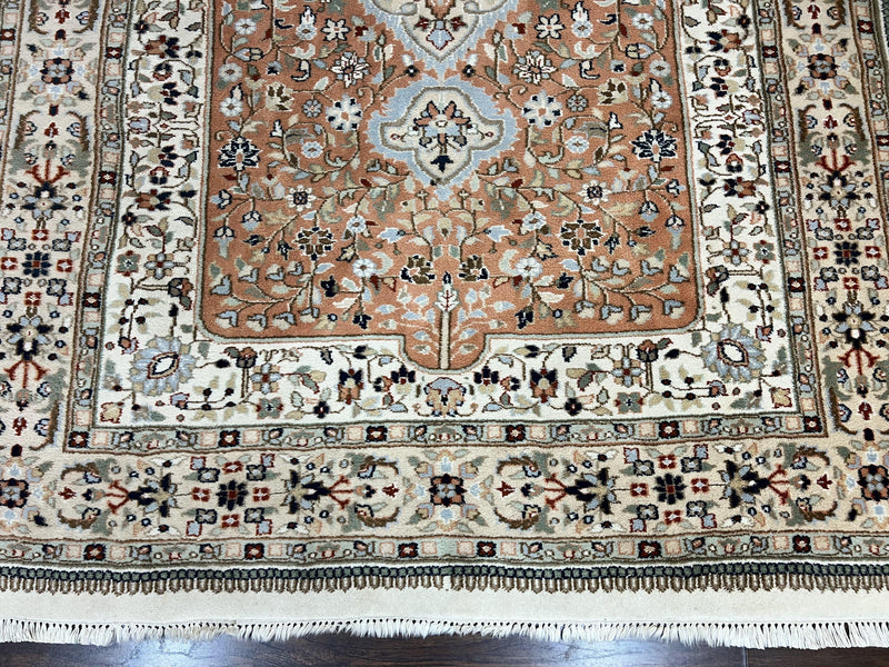 Indo Persian Rug 6x9, Wool Hand Knotted Vintage Carpet, Salmon & Ivory, Traditional Oriental Rug 6 x 9 by Jewel Rugs