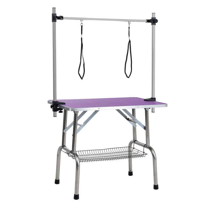 Folding Dog Pet Grooming Table Stainless Steel Frame Rubber Mat On Board With Adjustable Arm And Clamps Pet Dog Cat Grooming Table by HouseOfZazla