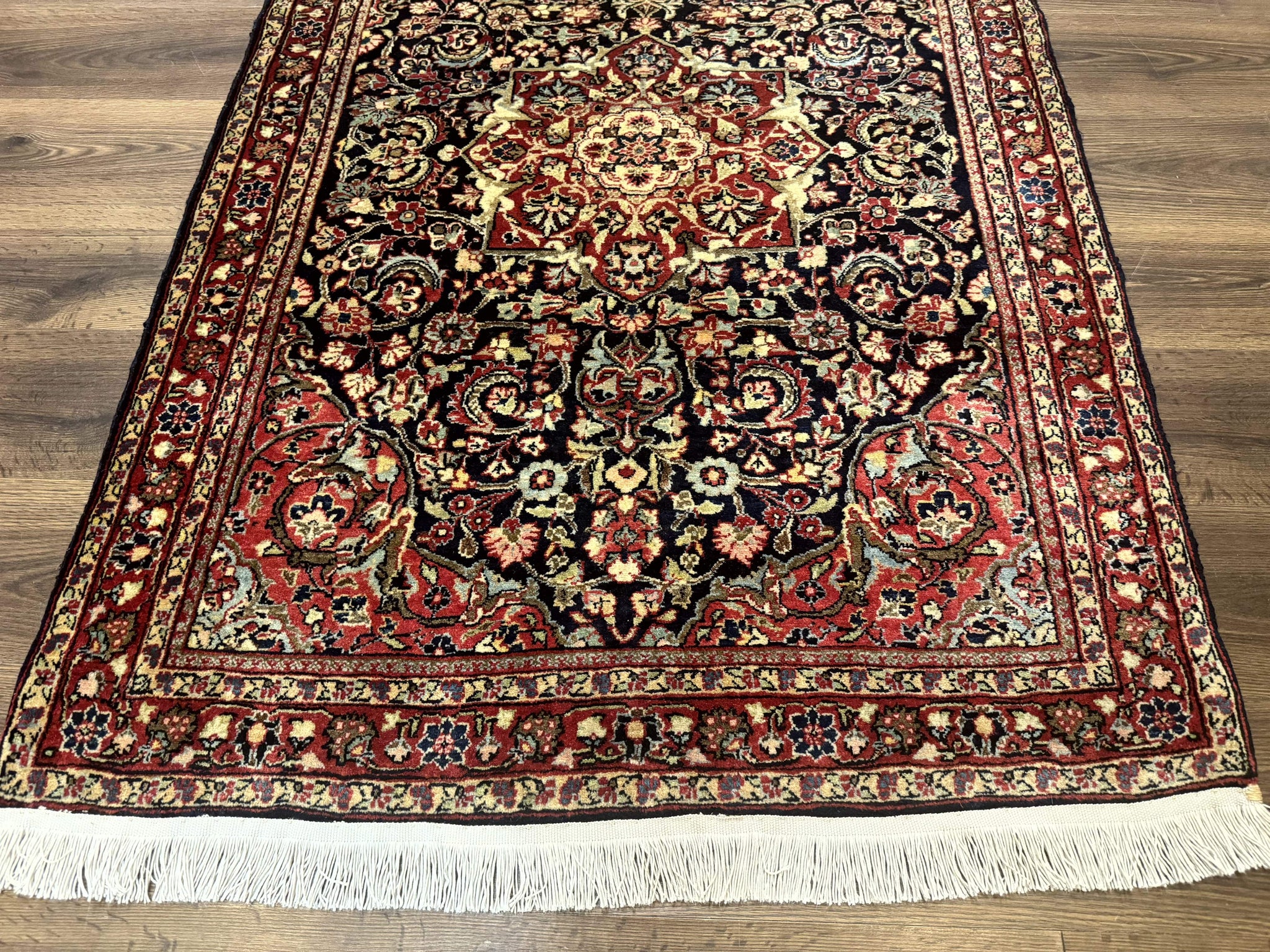 Antique Persian Sarouk Rug 4x5, Dark Blue and Red, Floral Medallion, Fine by Jewel Rugs