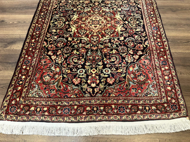 Antique Persian Sarouk Rug 4x5, Dark Blue and Red, Floral Medallion, Fine by Jewel Rugs