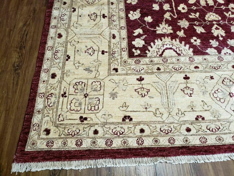 Pakistani Peshawar Rug 10x14, Handmade Chobi Carpet, Maroon & Beige by Jewel Rugs