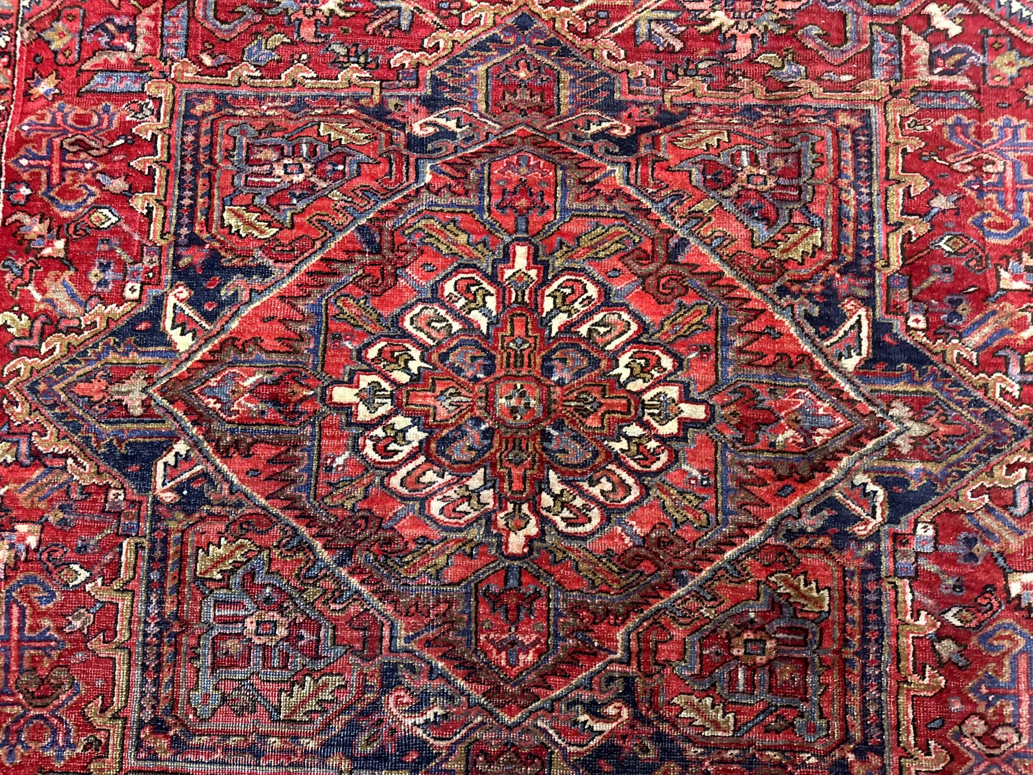 Persian Heriz Rug 7x10, Geometric Pattern, Red Ivory Navy Blue by Jewel Rugs