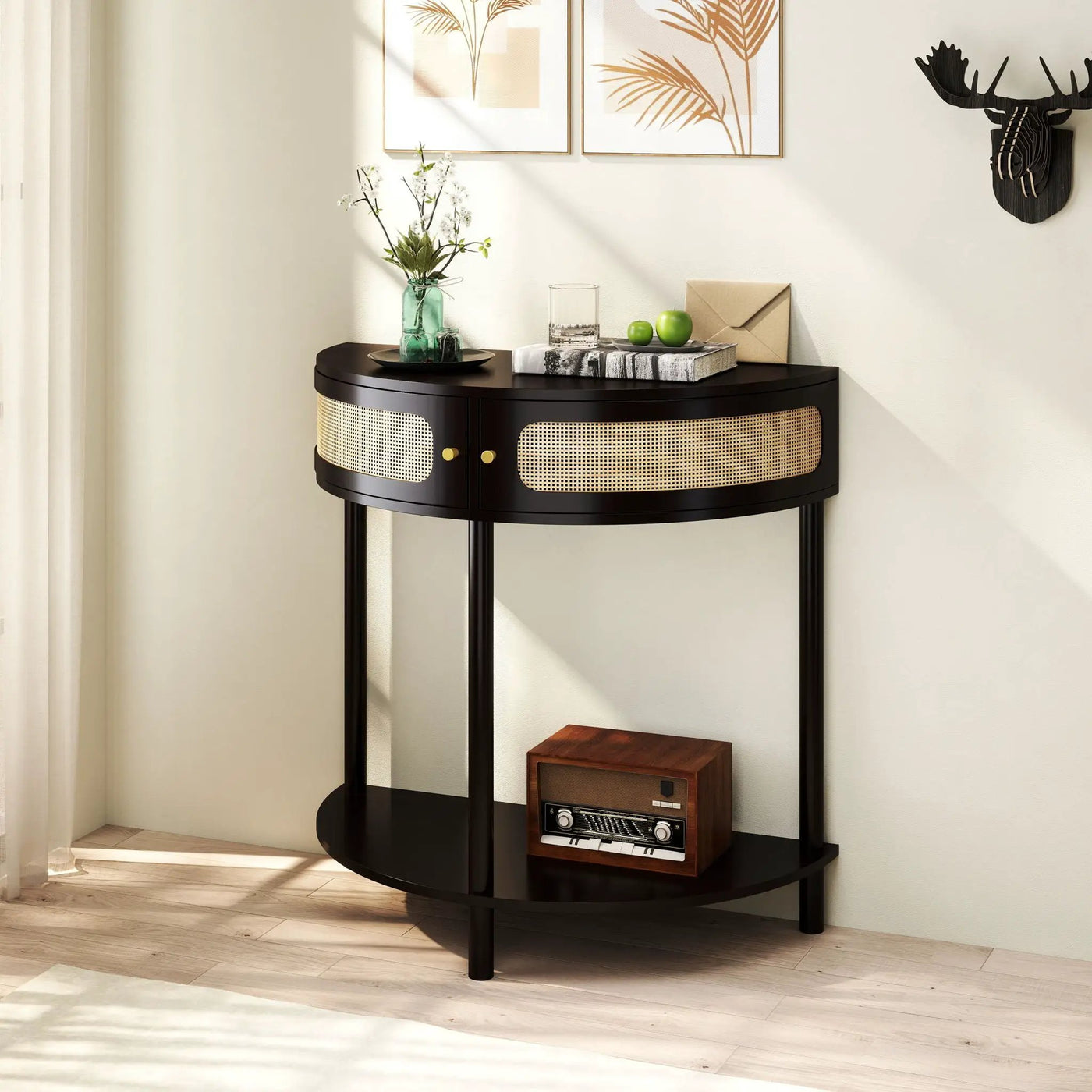Boho Rattan Semi Circle End Table With Sliding Rattan Door, Storage And Bottom Shelf by HouseOfZazla