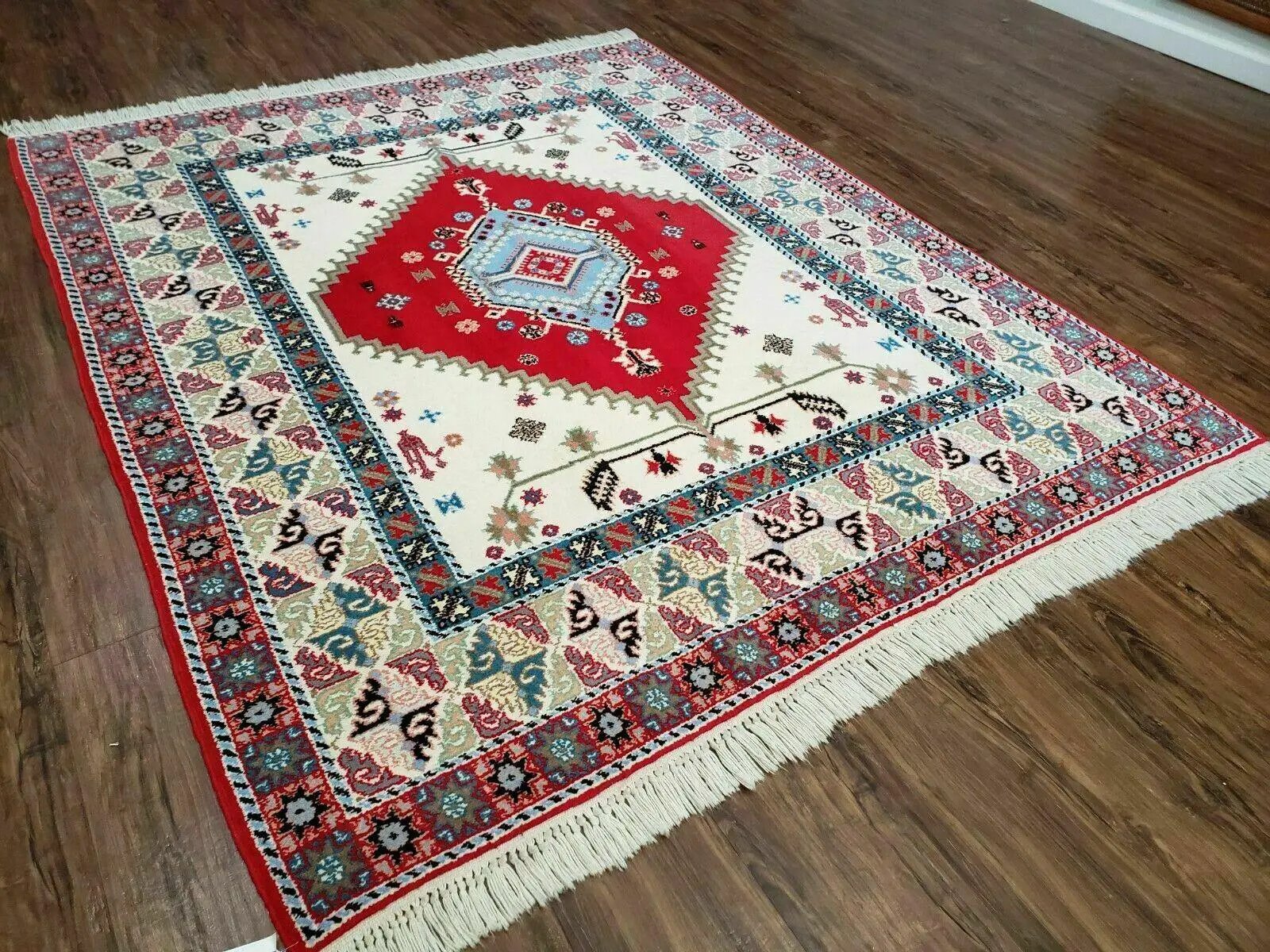 Vintage Moroccan Carpet 5x7 Area Rug, Berber Rug, Handmade Soft Wool Rug, Red Ivory and Blue, Geometric Medallion Rug, Bohemian Rug, Nice by Jewel Rugs