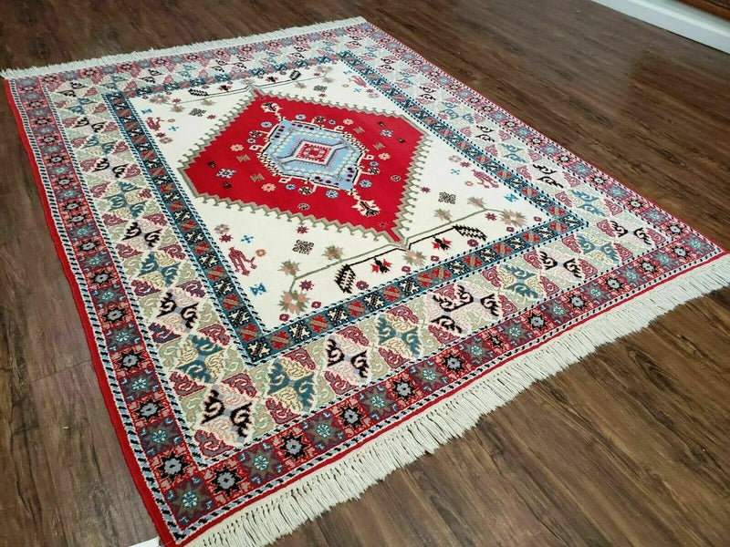 Vintage Moroccan Carpet 5x7 Area Rug, Berber Rug, Handmade Soft Wool Rug, Red Ivory and Blue, Geometric Medallion Rug, Bohemian Rug, Nice by Jewel Rugs