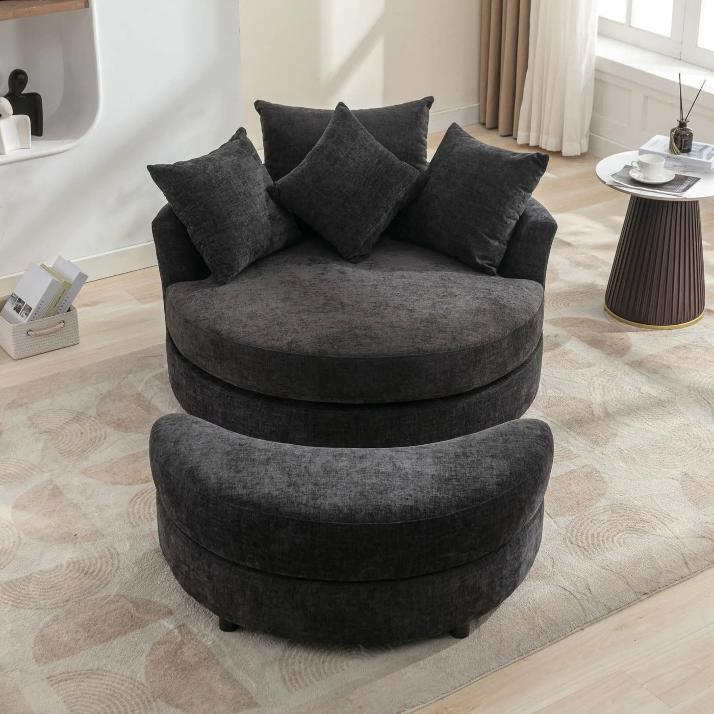 360° Swivel Accent Barrel Chair With Storage Ottoman & 4 Pillows, Modern Leisure Chair Round Accent For Living Room by HouseOfZazla