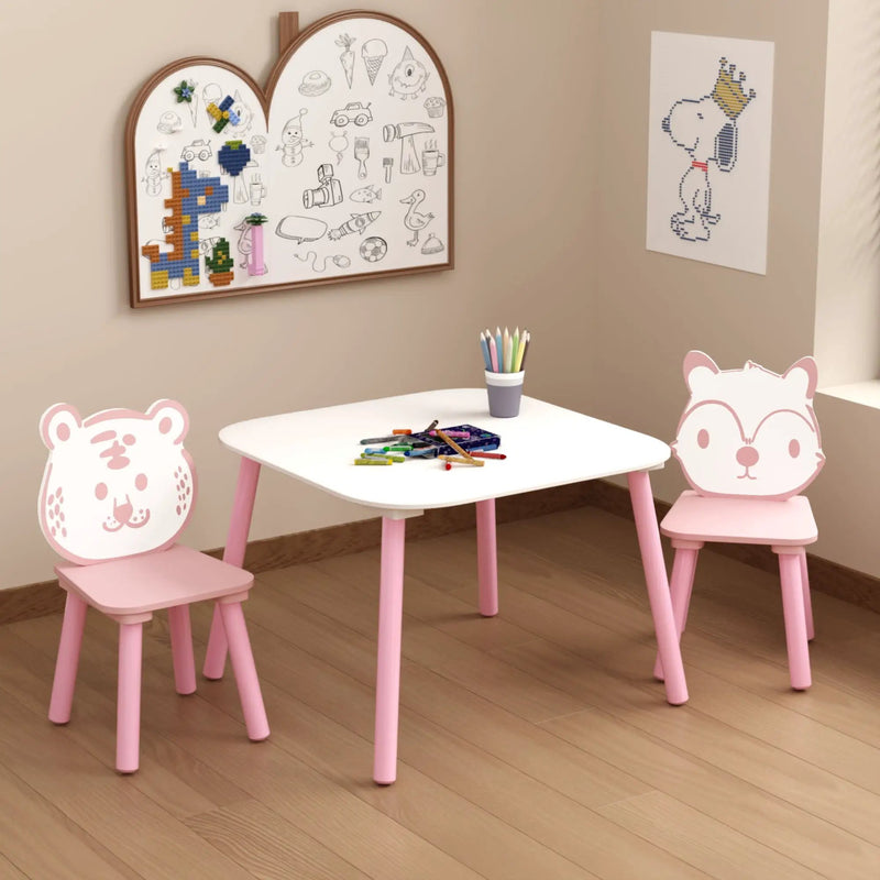 Table And Chair Set, 3 Piece Wooden Toddler Desk With Animal Backrest - Pink / White by Unique Piece Furniture