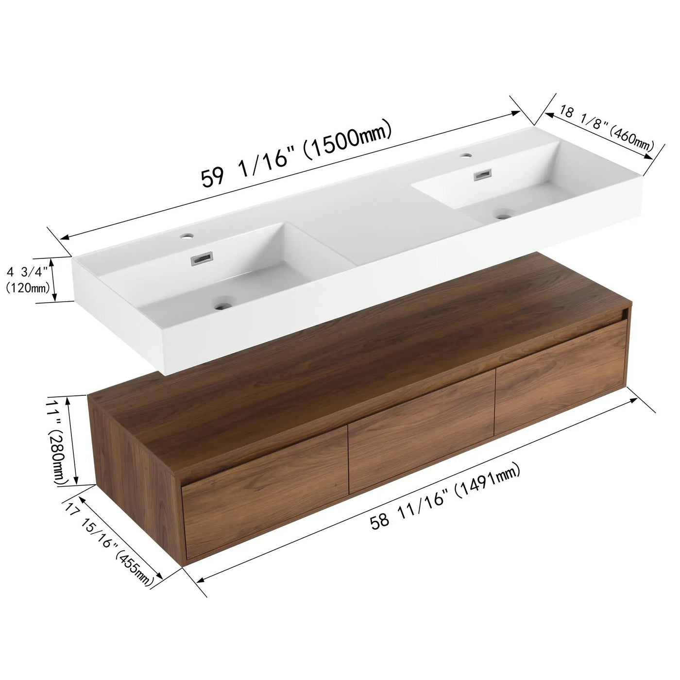Contemporary Wall Mounted Bathroom Vanity With Dual Resin Sink And Soft Close Drawer by HouseOfZazla