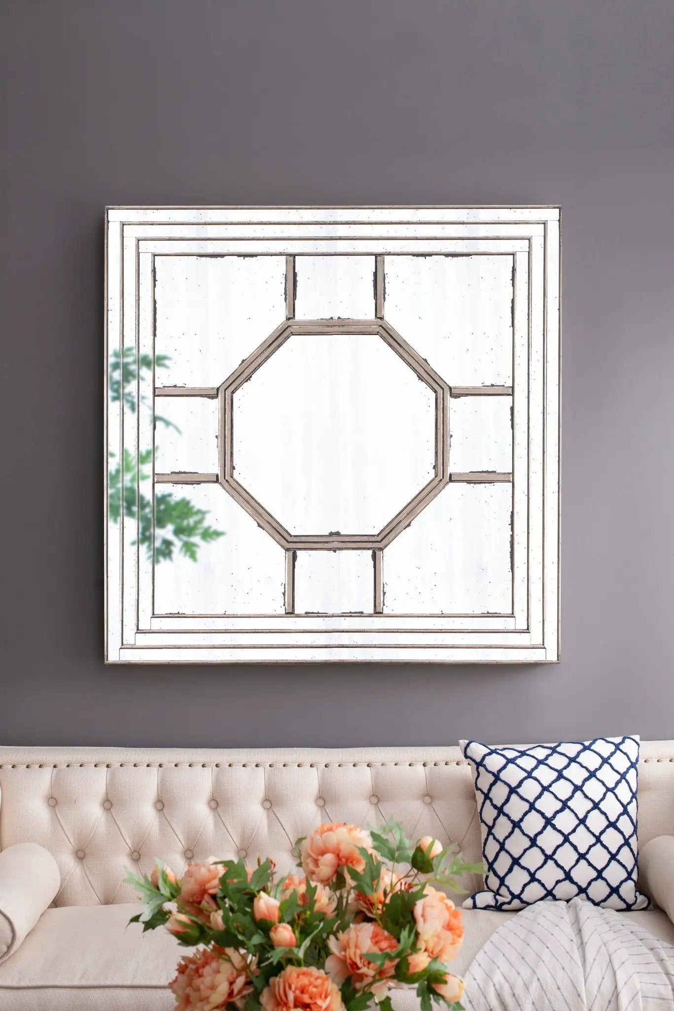 Antique Style Decorative Square Wall Mirror With Mirrored Frame, Wall Decor For Living Room Entryway, Console Lean Against Wall - Silver by HouseOfZazla