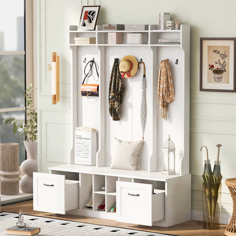 5 In 1 Entryway Bench With Coat Rack, 7 Sturdy Hooks, 2 Spacious Drawers And Adjustable Shelves by HouseOfZazla