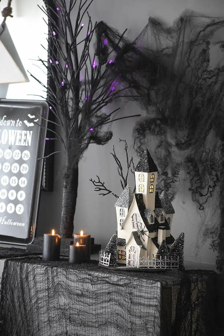 Cardboard Lighted Haunted House, Tabletop Holiday Halloween Decor, Battery Powered - Beige / Black by Unique Piece Furniture