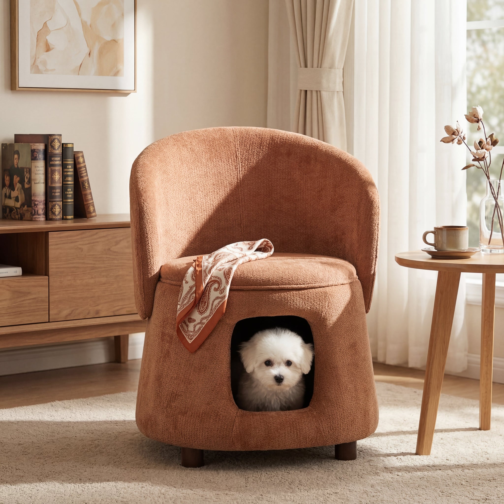 Orange Pet Friendly Chair with Hidden Pet Nook, Convertible Stool, and Storage Seat by HouseOfZazla