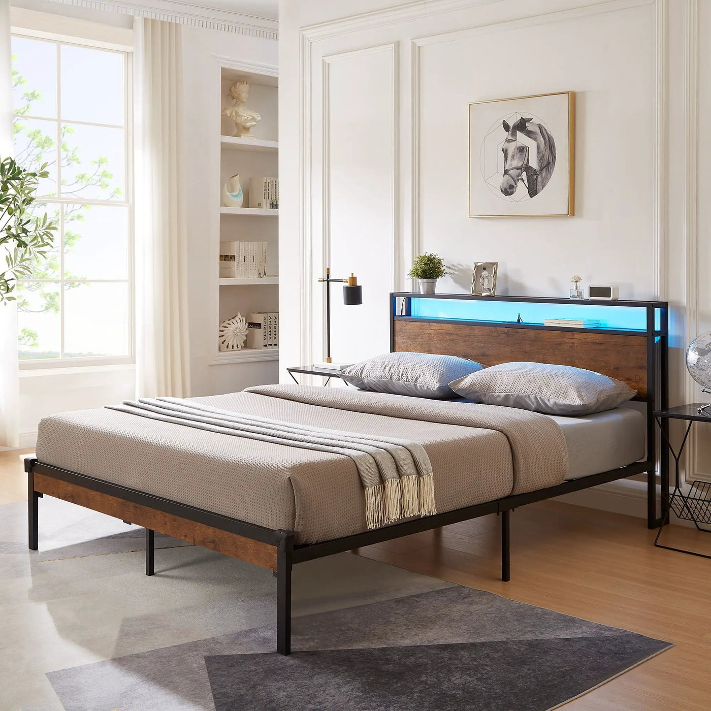 Metal Platform Bed Frame With Wooden Headboard And Footboard With USB Liner, LED Lights, No Box Spring Needed, Large Under Bed Storage by Unique Piece Furniture