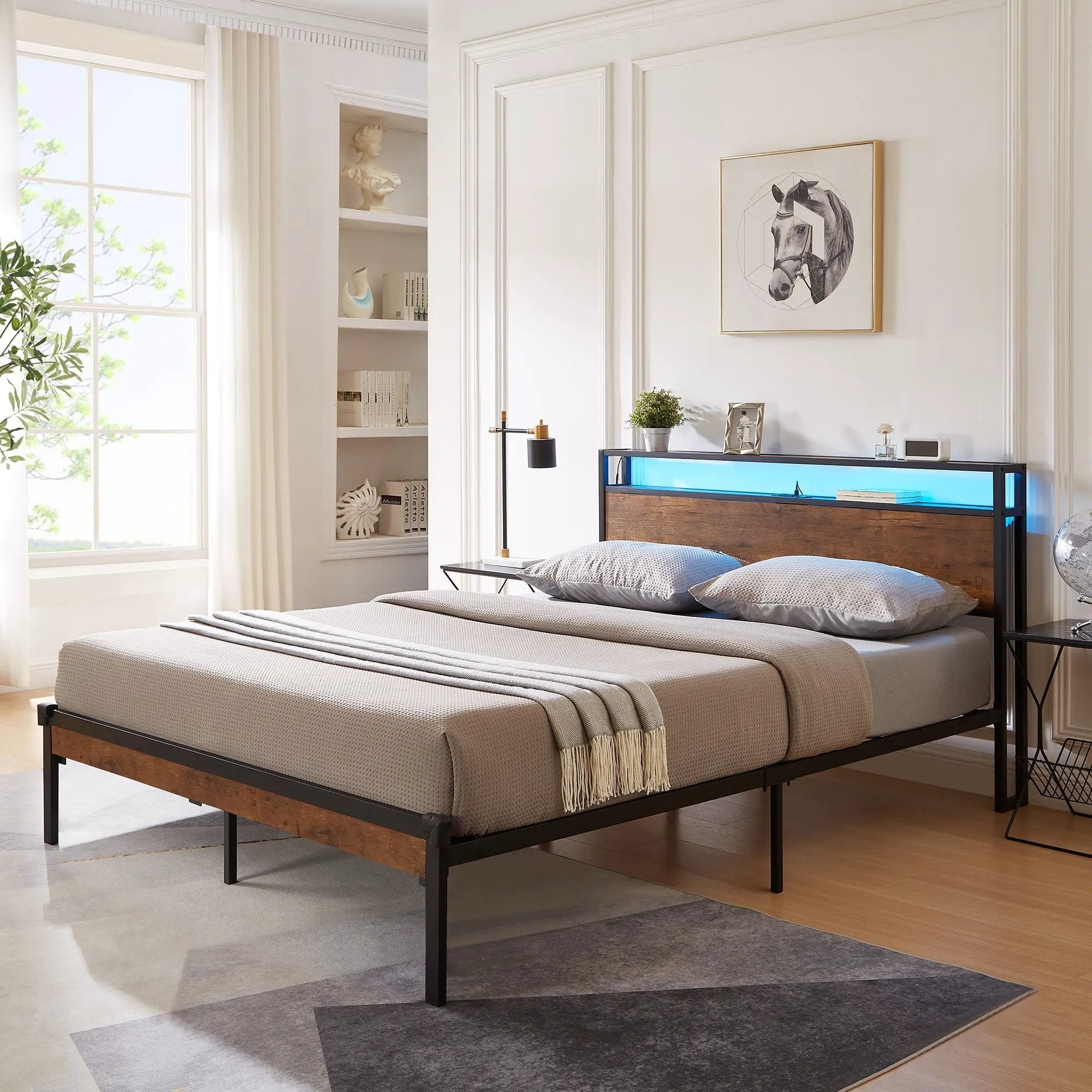 Metal Platform Bed Frame With Wooden Headboard And Footboard With USB Liner, LED Lights, No Box Spring Needed, Large Under Bed Storage by Unique Piece Furniture