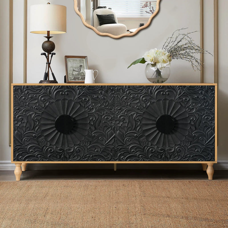 Black Carved Symmetrical Design Door And Wood Coloured Frame TV Stand by HouseOfZazla