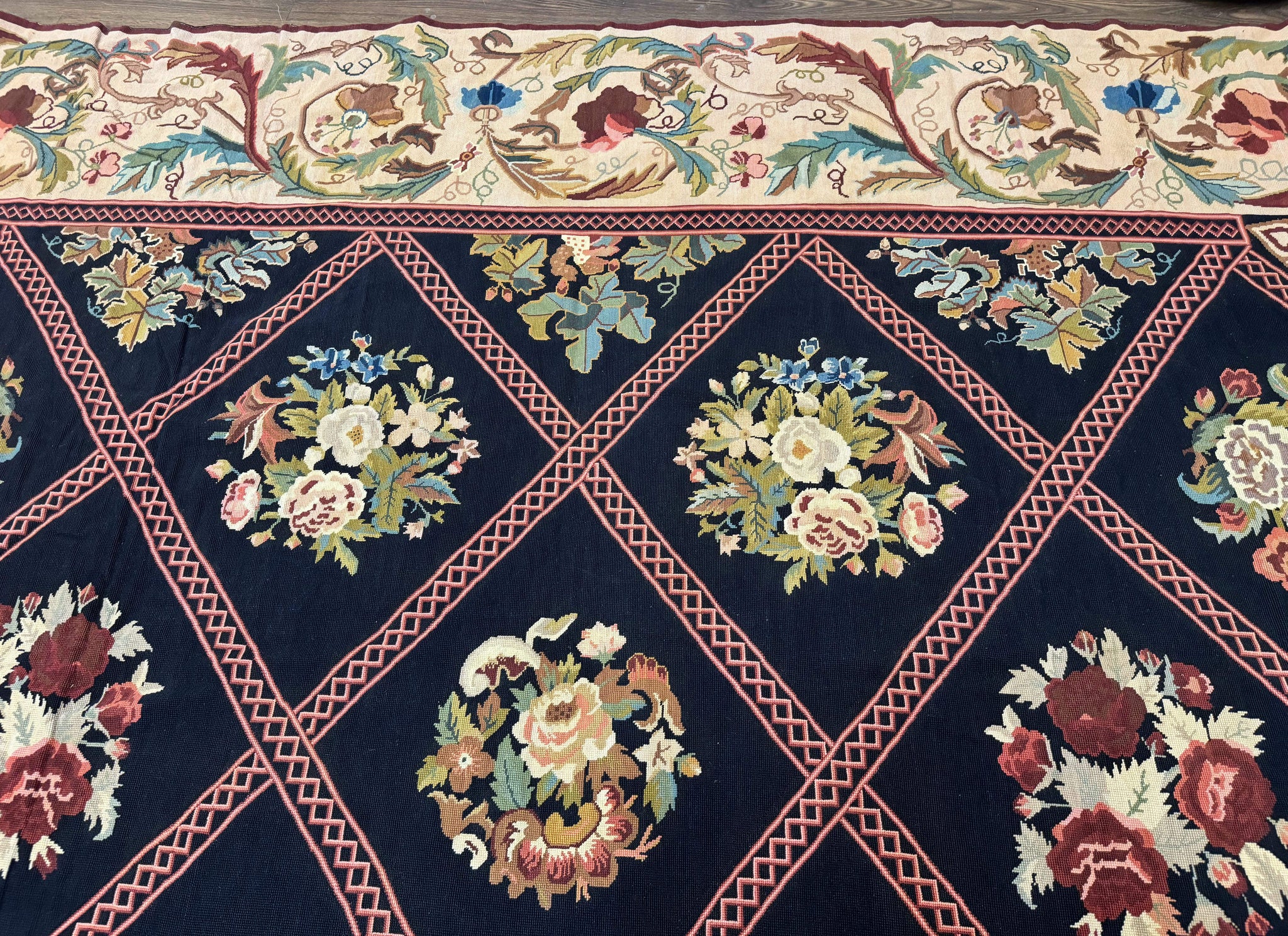 Palace Size Needlepoint Rug 12x20, European French English Aubusson Floral Design, Black and Beige by Jewel Rugs