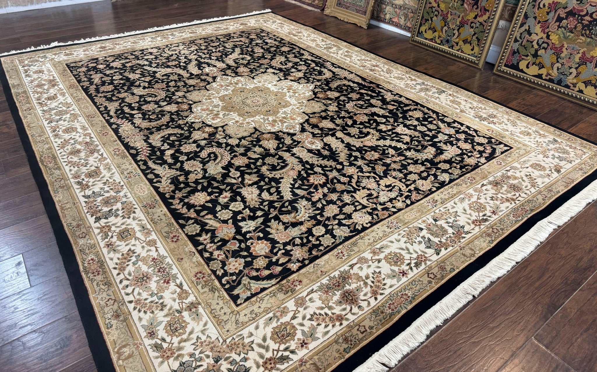 Sino Persian Rug 9x12, Floral Medallion, Black and Ivory, Elegant by Jewel Rugs