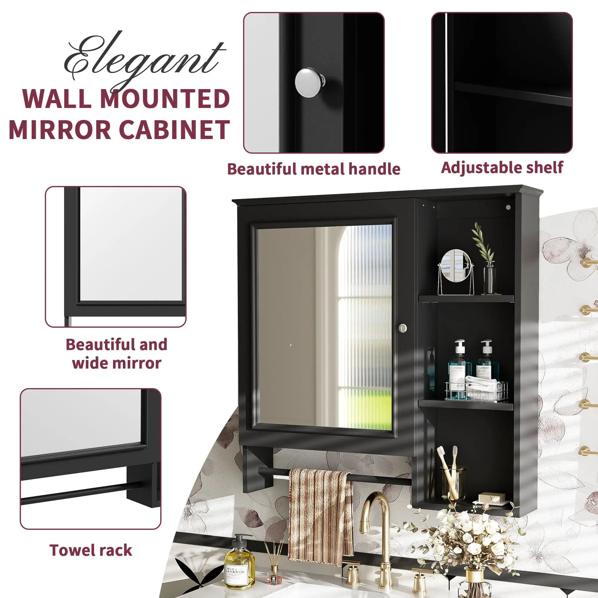 Wall Mounted Bathroom Storage Cabinet, Medicine Cabinets With Large Mirror Door, Adjustable Shelves And Three Open Storage Levels(Not Include Bathroom Vanity) by HouseOfZazla