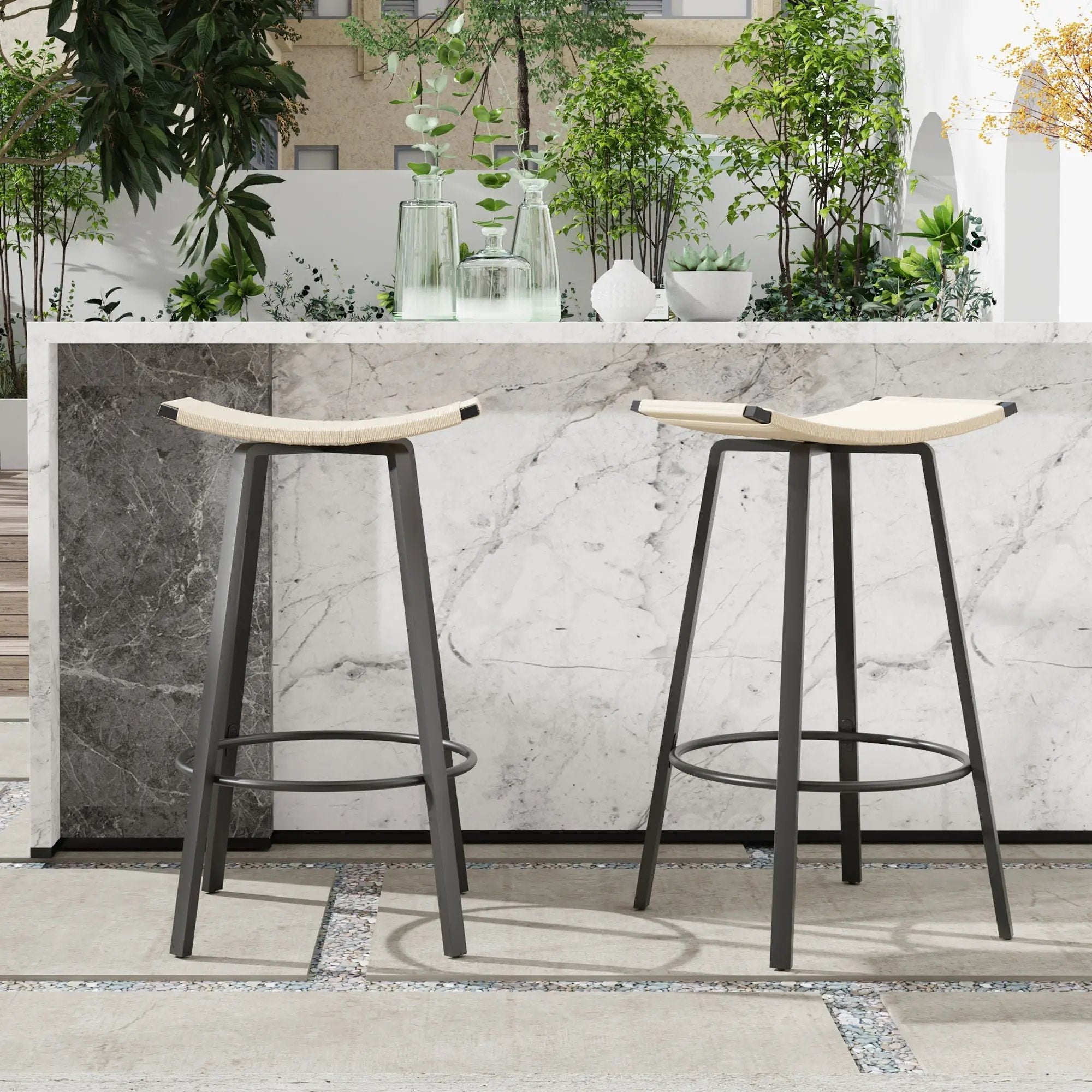 Counter Height Bar Stools Backless Handwoven Kitchen Dining Chairs With Round Footrest (Set of 2) Weaving Pub Stoo - Creamy White by HouseOfZazla