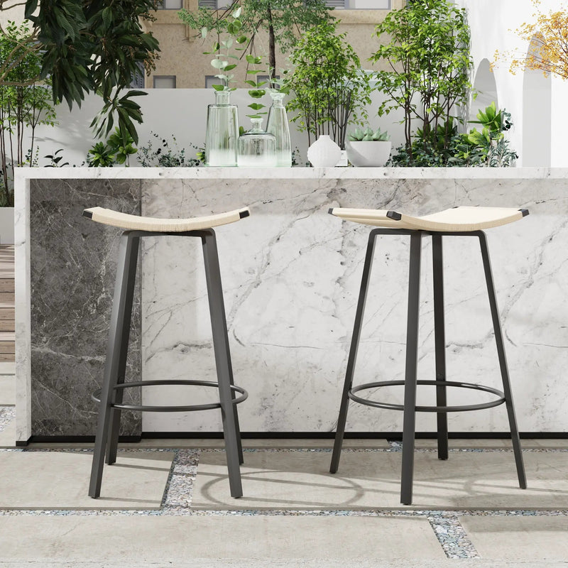 Counter Height Bar Stools Backless Handwoven Kitchen Dining Chairs With Round Footrest (Set of 2) Weaving Pub Stoo - Creamy White by HouseOfZazla