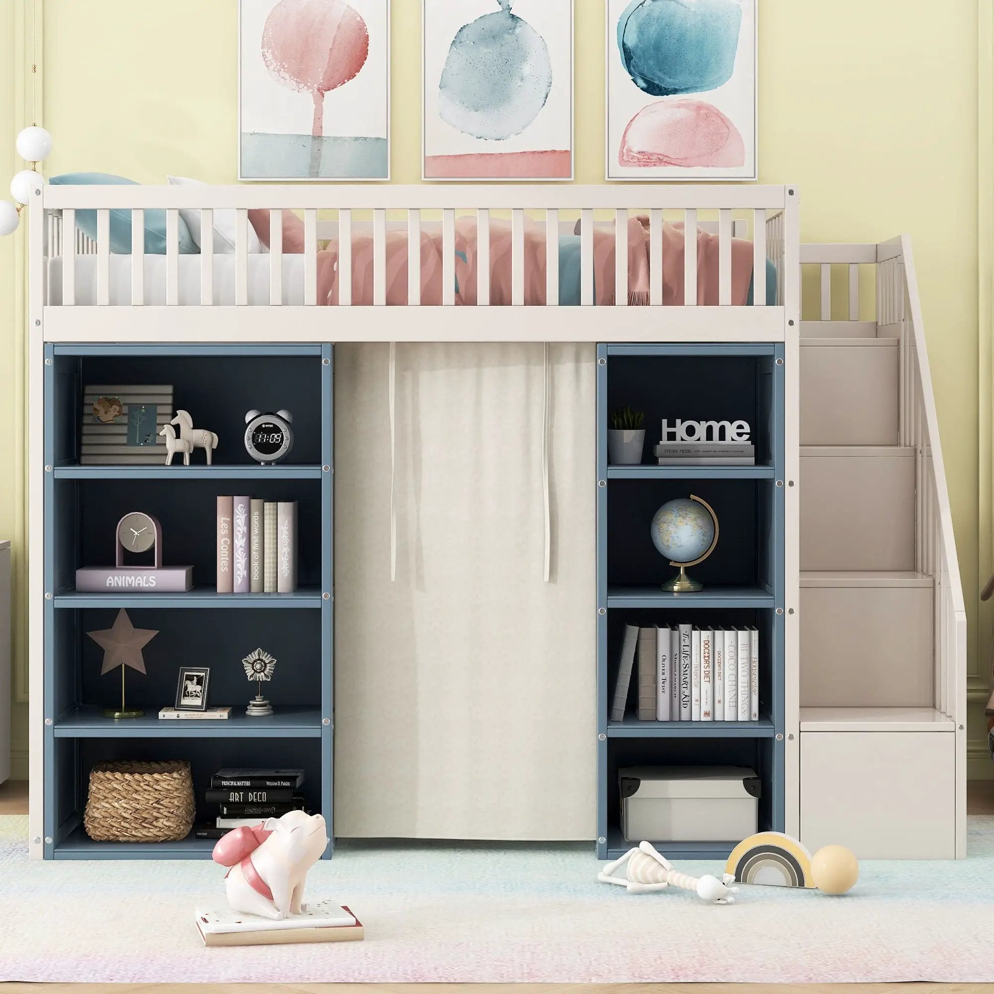 Full Size Loft Bed With 2 Four Layer Storage Cabinets And Curtain With Built In Staircase And Privacy Curtain - White by Unique Piece Furniture